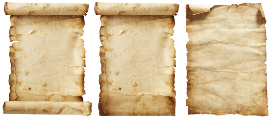 Old scroll and letter paper with torn and burnt edges isolated on white background. No shadow