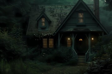 Fototapeta na wymiar A mysterious craftsman cottage facade painted in dark forest green, blending into the shadows of the night.