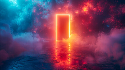 Futuristic portal door in the dark with smoke
