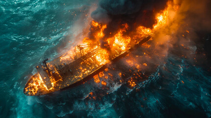 Aerial view of a burning tanker ship in the middle of the sea - obrazy, fototapety, plakaty