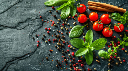 Fresh basil, cherry tomatoes and spices on a black stone background