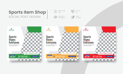 Creative sports item shop social media post for web banner & internet ads. Functional sports store social media post suitable layout template design. Vol - 26