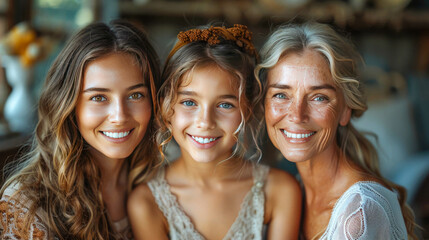 Fototapeta premium Portrait of three generations of women with different ages, looking at camera