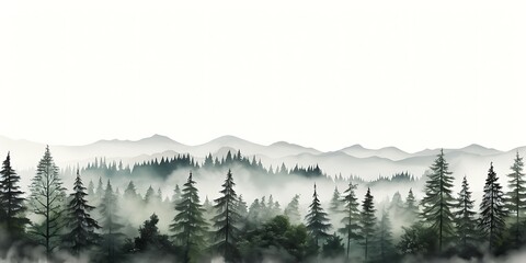 Foggy forest with coniferous trees on a white background