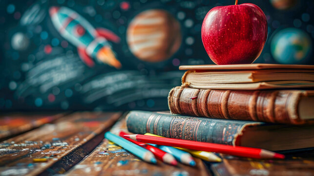 Back to school concept. School supplies on wooden table with space background