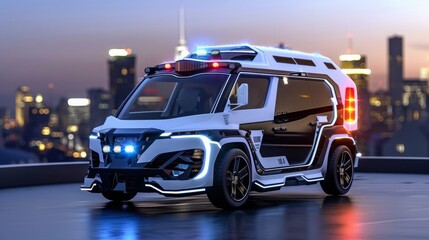 Police Car With Lights On in Front of Cityscape - obrazy, fototapety, plakaty