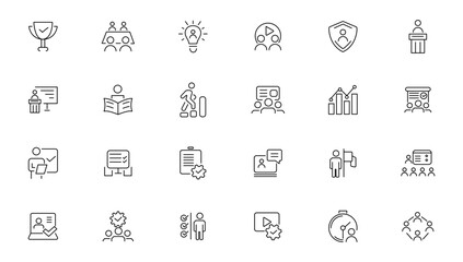 Business training and workshop icon collection. Training, coaching, mentoring, education, meeting, conference, teamwork, problem solving icon set. Business Workshop line icons set.