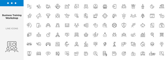 Business training and workshop icon collection. Training, coaching, mentoring, education, meeting, conference, teamwork, problem solving icon set. Business Workshop line icons set.