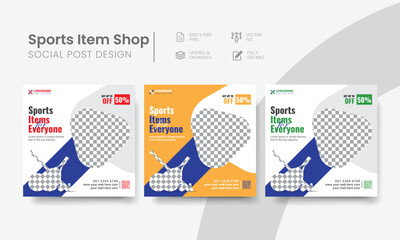 Creative sports item shop social media post for web banner & internet ads. Functional sports store social media post suitable layout template design. Vol - 27