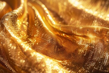 Close up of gold texture fabric cloth textile background. Golden glitter shine. Silk with sparkles