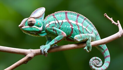 A Chameleon With Its Tail Curled Around A Twig
