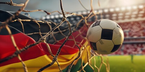 Close up of football ball in the net of goal of stadium on the german flag background. Football europe championship in Germany wide banner concept. - obrazy, fototapety, plakaty