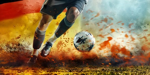 Close up of football or soccer player legs, running fast and kicking a ball while training at stadium field on the german flag background. Football europe championship in Germany wide banner concept. - obrazy, fototapety, plakaty