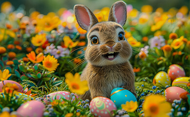 Illustration of a cheerful red Easter bunny with Easter eggs, computer graphics