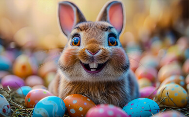 Illustration of a cheerful red Easter bunny with Easter eggs, computer graphics