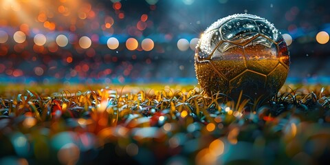 Close up of gold football ball on the grass of stadium field background with confetti. Goal Winning celebration. Football europe championship in Germany wide banner concept with copy space. - obrazy, fototapety, plakaty