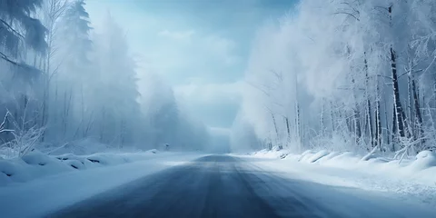 Fototapeten winter snow landscape road. in the snowy forest. © Graphicsstudio 5