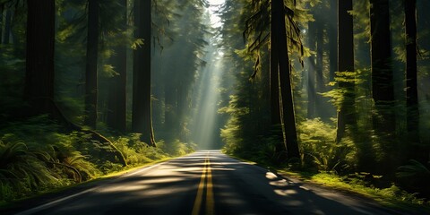 Road in the redwood forest in California, USA. - obrazy, fototapety, plakaty