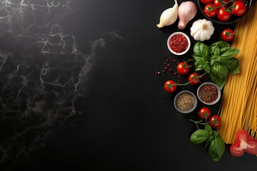 Tomatoes, garlic, and spices on a black marble background