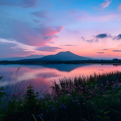 Fototapeta na wymiar Breathtaking Palette of Nature - Sunset Over Peaceful Lake Silhouetting Tall Mountain