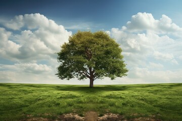 Fototapeta na wymiar Single tree standing in a green field under a cloudy sky