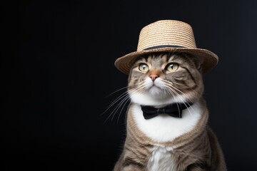 Dapper cat posing in a bow tie and hat against a black background - obrazy, fototapety, plakaty