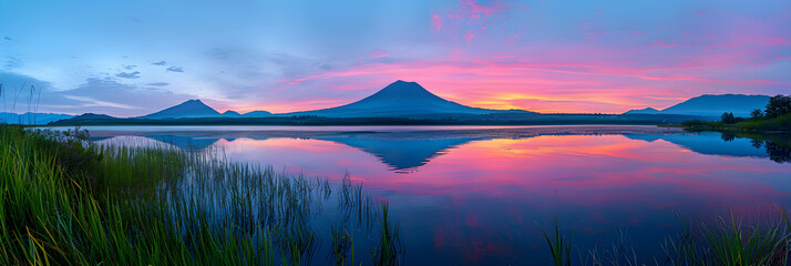 Breathtaking Palette of Nature - Sunset Over Peaceful Lake Silhouetting Tall Mountain - obrazy, fototapety, plakaty