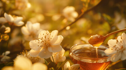 A photo of honey dripping from a wooden spoon, with flowers blooming in a spring background, captured in golden hour light, with a closeup shot and depth of field