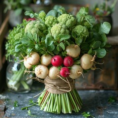 Bouquet of Vegetables with White Turnips, Fresh Radishes, and Lush Green Leaves Tied with Twine