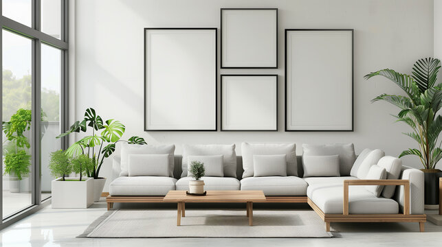 Modern minimalist living room, white tone, wooden furniture, gray sofa, decorated with plants. Natural light from large windows, a simple blank black picture frame on the wall wide view.
