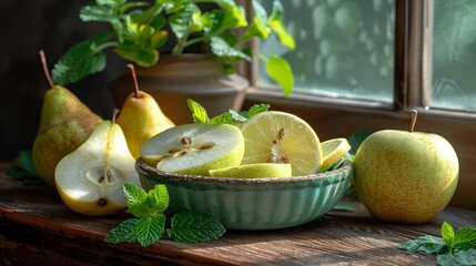 Sunlit Still Life with Ripe Pears, Freshly Sliced Apples, and Citrus on a Rustic Wooden Table