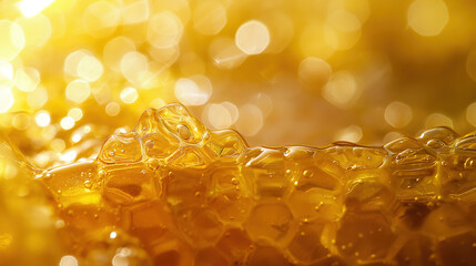  A closeup of honeycomb with visible waves and bubbles, bathed in golden sunlight. The focus is on...