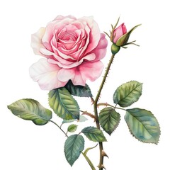 Fototapeta premium This detailed illustration captures a vibrant pink rose with two buds, employing a realistic watercolor style