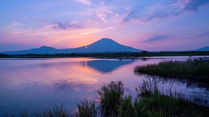 Breathtaking Palette of Nature - Sunset Over Peaceful Lake Silhouetting Tall Mountain - obrazy, fototapety, plakaty