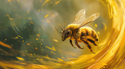 A bee flying around in the air, surrounded by swirling honey and gold colors.