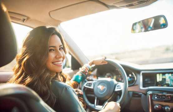 latin hispanic young woman driver with smiley face in car indoor keeps steering wheel turning around smiling. idea taxi driver. rent a car. Brunette female girl Driving Car, Sitting In Driver's Seat