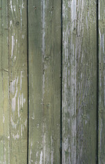 Texture of old weathered green wooden plank fence