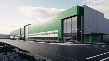 A photo of a modern logistics hall with numerous large gates for goods delivery. View from the...