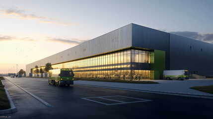 Fototapeta na wymiar A photo of a modern logistics hall with numerous large gates for goods delivery. View from the side. In front of the hall, there is pavement and extensive green areas