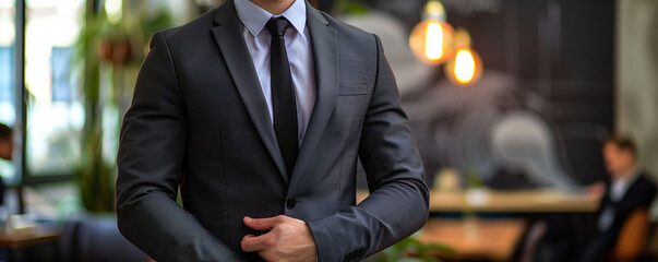 A confident businessman in a tailored gray suit stands with his hands buttoned, exuding professionalism against a blurred modern office backdrop