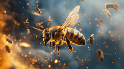 A group of bees flying in the air surrounded by other honeybees. The background features an abstract sky with scattered light particles and fire - obrazy, fototapety, plakaty