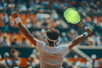 A triumphant tennis player raises arms in victory, a racket in hand, celebrating a win as the crowd cheers in the stands. - obrazy, fototapety, plakaty