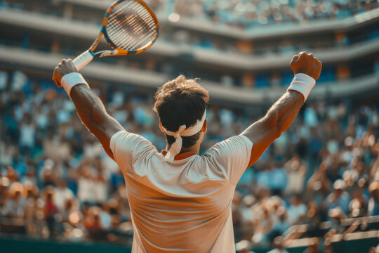 A triumphant tennis player raises arms in victory, a racket in hand, celebrating a win as the crowd cheers in the stands.