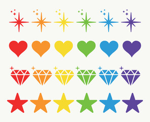Shine, heart, sparkle, diamond, light, rainbow stars. LGBT lesbian gay bisexual. Party, celebration, happy, love. Yellow, red, green, orange, yellow, blue, violet. Colors, colorful. Icon, vector
