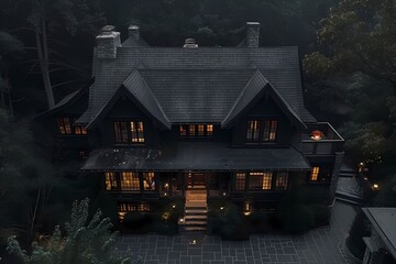 An aerial shot showcasing the boldness of a dramatic craftsman cottage exterior painted in sleek obsidian black, surrounded by darkness.