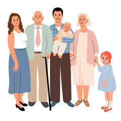 A happy portrait of a large family spanning several generations. Mother, father, four children, grandparents.  vector illustration. Illustration of parenthood, childhood. Unity, parenting concept