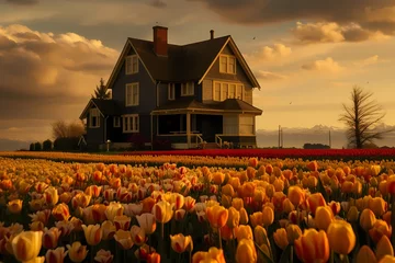 Fotobehang A craftsman house with a dark exterior, surrounded by vibrant tulip fields in full bloom. © hassan