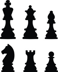 Set of chess vector icons in flat set isolated on transparent background. Black silhouette with chess. King, queen, pawn, horse and rook. Vector for apps or website 10 Eps