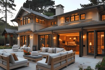 A craftsman house with a light-colored exterior, featuring a covered patio with comfortable outdoor furniture, perfect for relaxation. - obrazy, fototapety, plakaty