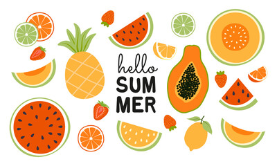 Hello summer. Set of fruits. Fresh watermelon, melon, papaya, pineapple, lemon, strawberry, lime. Vector illustration